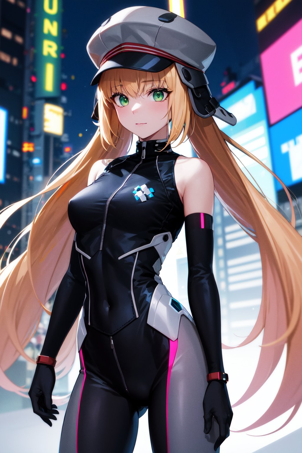 masterpiece, best quality, highres, aacaster, long hair, twintails, ushanka, grey headwear, green eyes, <lora:artoria_caster_(caster)_v1:0.7>, cyberpunk, bodysuit, gloves, standing, cowboy shot, city, night