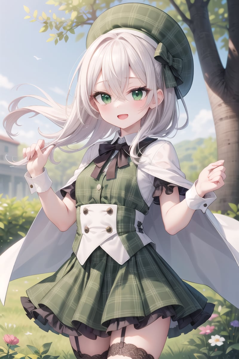 insanely detailed, absurdres, ultra-highres, ultra-detailed, best quality,1girl, solo, nice hands, perfect handsBREAK((gothic dress, Idol costume):1.3), (green and white theme:1.2), (white blouse:1.4), ((white collar, tie):1.3), (open short-cape:1.3), (short sleeve:1.2), (green tartan-check pattern (ruffle-skirt, multilayer-skirt):1.4), (white basque-beret with ribbon:1.3), (Fishnet stockings:1.3), (glove:1.2), (cleavage:-1.5)BREAKhappy smile, laugh, open mouthBREAKstanding, cowboy shot, looking at viewerBREAKslender, kawaii, perfect symmetrical face, ultra cute girl, ultra cute face, ultra detailed eyes, ultra detailed hair, ultra cute, ultra beautifulBREAKin forest, depth of field, ultra detailed backgroundBREAKmedium large breastsBREAKorange hair, green eyes, braid, hair between eyes