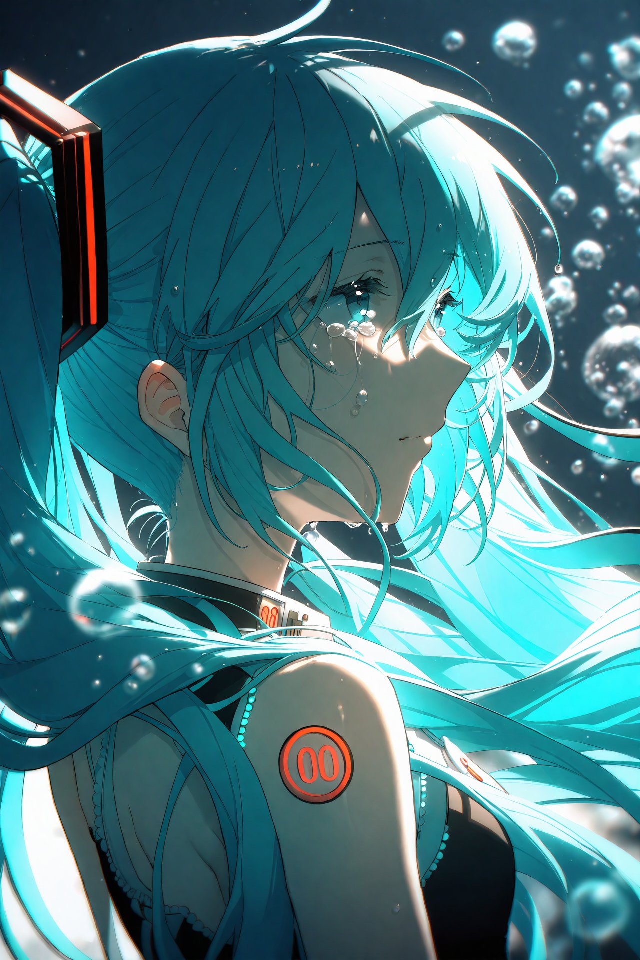 (masterpiece),(best quality),illustration,ultra detailed,hdr,Depth of field,(colorful),nai3 Style,1girl,solo,hatsune miku,long hair,twintails,tears,from side,profile,crying,bare shoulders,aqua eyes,bubble,portrait,blue hair,hair ornament,crying with eyes open,blurry,blue eyes,aqua hair,hair between eyes,water drop,closed mouth,sleeveless,upper body,