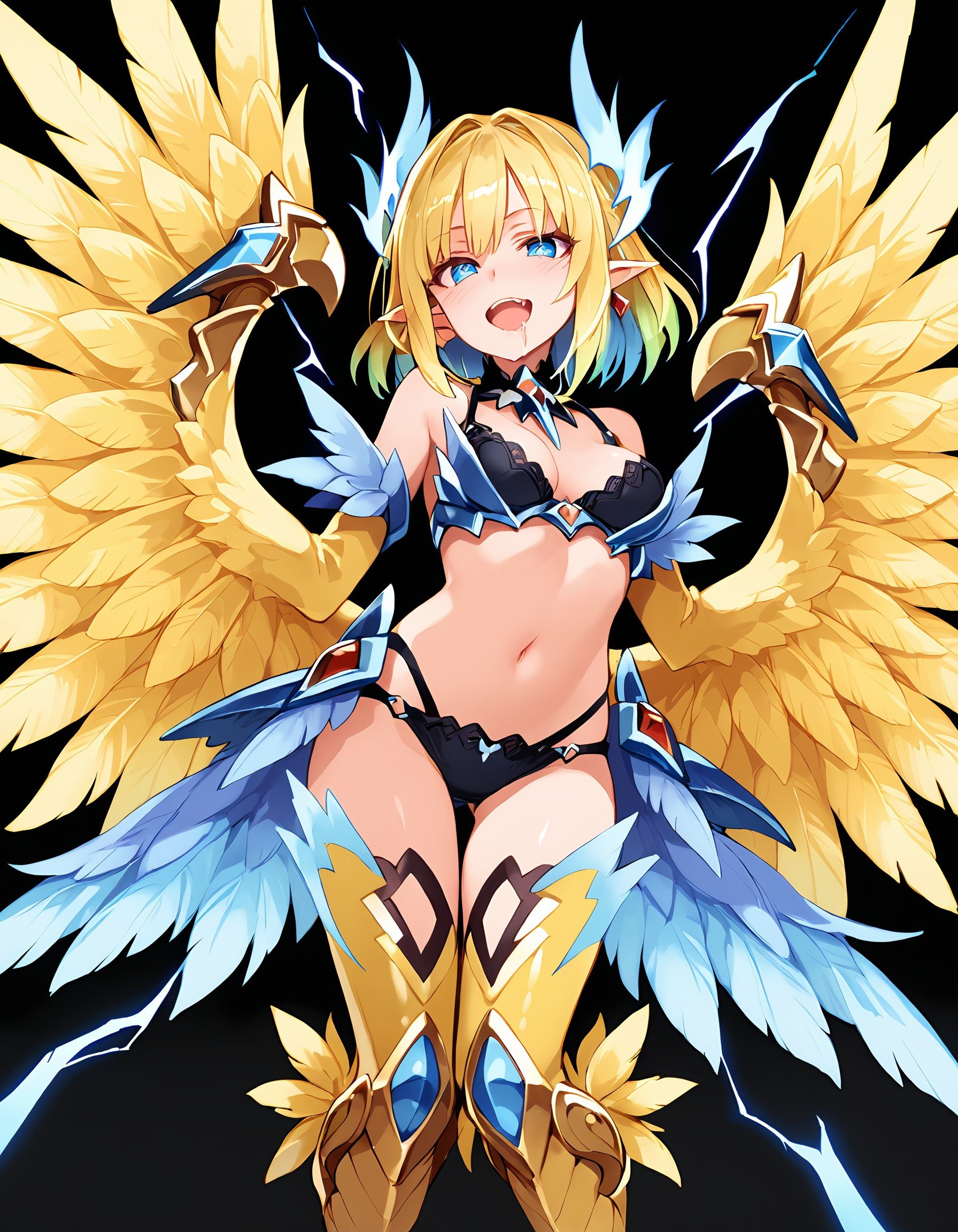 (Score_9, score_8_up, score_7_up), (masterpiece), expressive eyes, perfect face, MGE, MGE artstyle, thunderbird, 1girl, wings, ((winged arms)), feathered wings, winged arms, multicolored feathers, gradient feathers, gradient hair, yellow hair to blue hair, medium breasts, talon feet, prehensile wings, mouth open, drooling, saliva strands, electricity, standing, panties, bra, pointy ears, reduced outlines, yellow feathers to blue feathers, black background, , <lora:948f36f2-102f-4f57-ba44-2b4859034f0e:1.1>