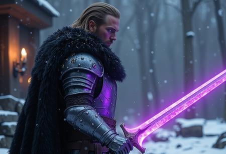 cinematic shot of a male winter knight, wearing shiny armor with black fur around his shoulders, holding a purple glowing sword in an epic attacking pose, winter tavern in background, snowing, dark, hkstyle, super realistic, style of epic cinematic, amazing quality