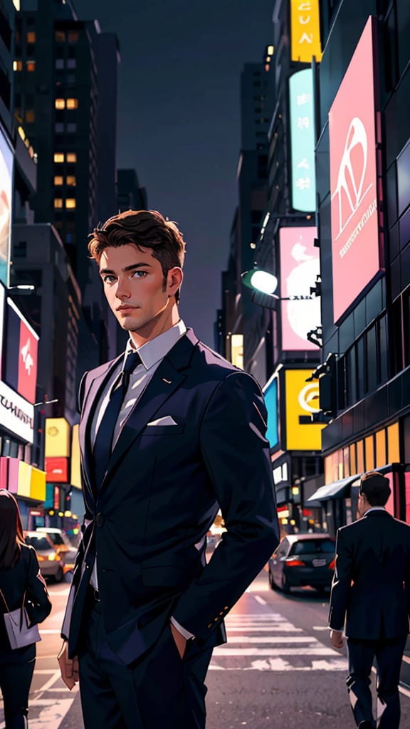 (best quality, masterpiece, hyper realistic) 1 elegant business man, photography, man in New York city, ultra high details, dim light, dawn, bokeh background, perfect night