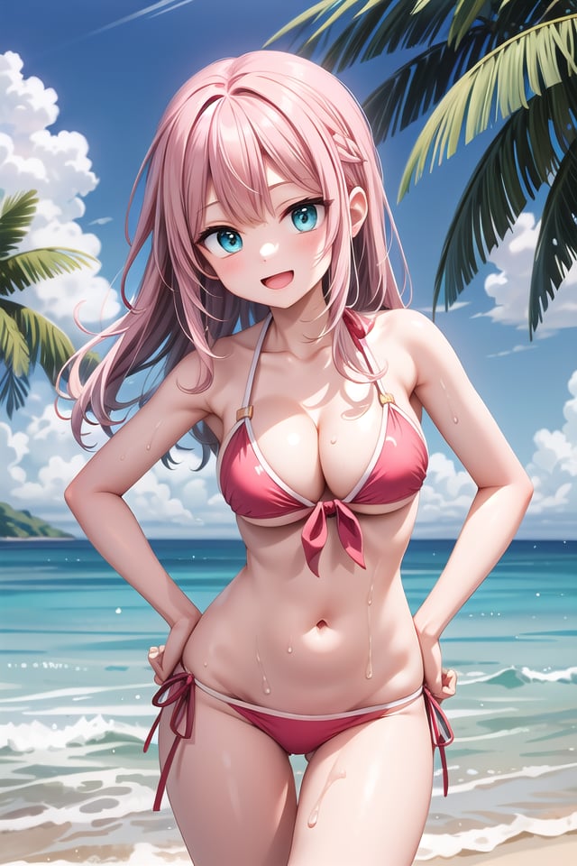 insanely detailed, absurdres, ultra-highres, ultra-detailed, best quality,1girl, solo, nice hands, perfect handsBREAK(pastel colored bikini:1.3)BREAKhappy smile, laugh, open mouth,standing, hand on own hip, tilt head, cowboy shotBREAKslender, kawaii, perfect symmetrical face, ultra cute girl, ultra cute face, ultra detailed eyes, ultra detailed hair, ultra cute, ultra beautifulBREAKat seashore, coast, beach, tropical, sky, blue oceanBREAK(medium large breasts, cleavage:1.3), wet shiny skin, sweat on bodyBREAK(pink medium long hair:1.2), emerald green eyes