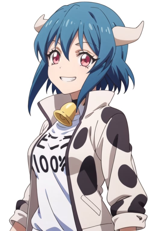 solo, 1girl, looking at viewer, 2D, anime, official style, anime coloring, anime screencap, upper body, (simple background, solid white background:1.3), <lora:minos-jashinchan:0.8>, minos, jacket, cow bell, smile, grin