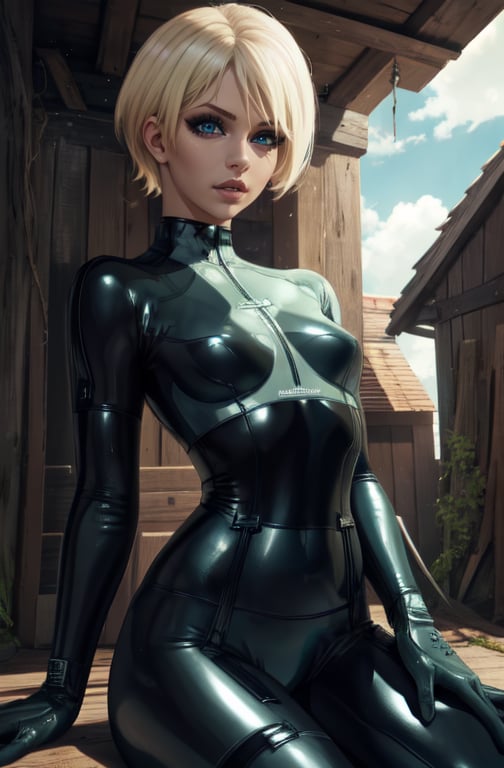 laingocpus,short hair,lips,blue eyes,blonde hair, tan bodysuit, skin tight, gloves, latex, small shack, sitting, (insanely detailed, beautiful detailed face,beautiful detailed eyes, masterpiece, best quality)  <lora:laughingoctopus-10v7:0.7>