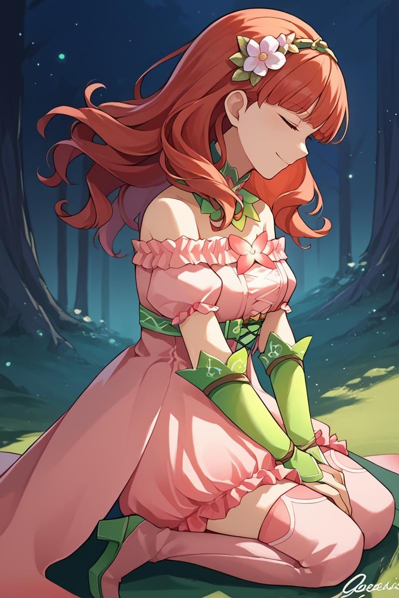 score_9, score_8_up, score_7_up, score_6_up, source_anime, BREAK 1girl, solo, <lora:fecelica-pdxl-nvwls-v1-000005:1> respCeli, red hair, red eyes, green hairband, hair flower, detached collar, green collar, pink dress, gradient clothes, frills, bridal gauntlets, thigh boots, kneeling, from side, smile, closed eyes, forest, night, dark