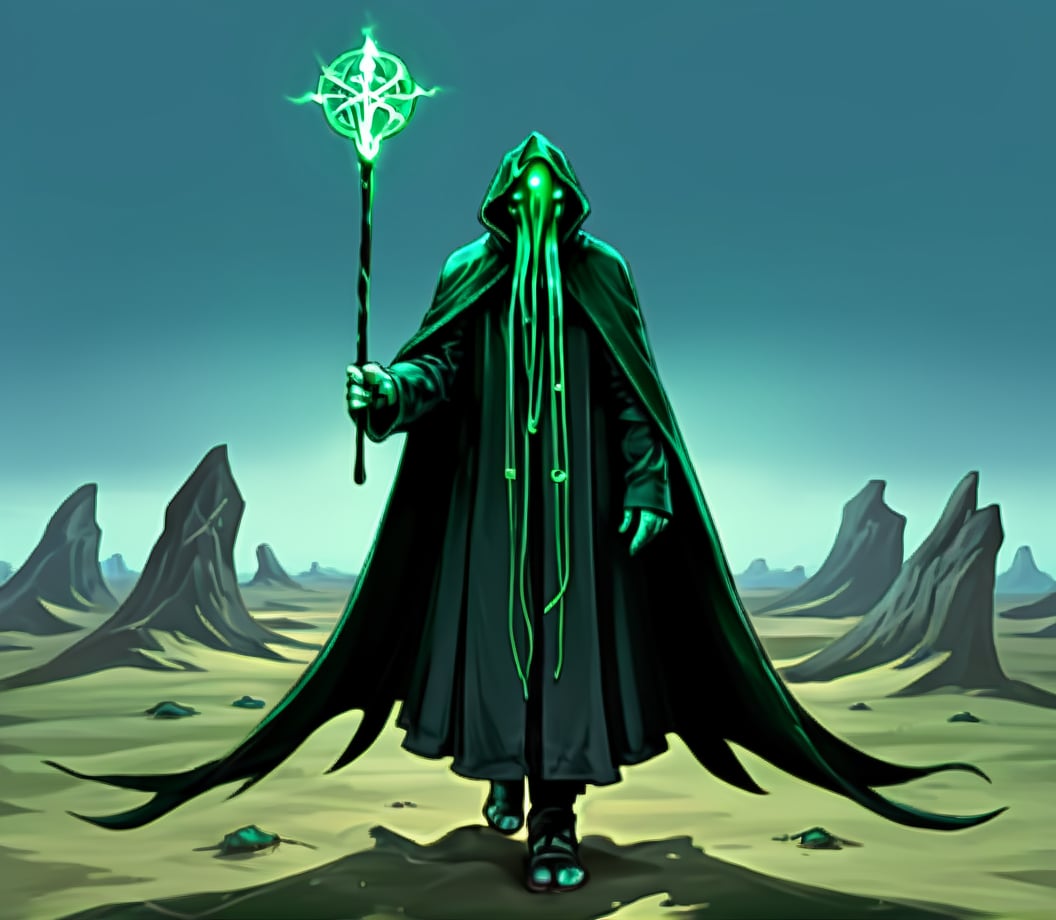 Old Dominator Tawil-at-U'mr,mystical figure,cloak,green energy,staff,digital illustration,fantasy landscape,magical,ethereal glow,floating symbols,dark atmosphere,hooded character,robes,unearthly terrain,concept art,cool color palette,mysterious,back view,cthulhu horror,hood,holding,hood up,solo,walking,1boy,outdoors,male focus,holding staff,glowing,green theme,hooded cloak,long sleeves,full body,black cloak,night,sky,standing,from behind,robe,hooded robe,Cthulhu Terror,The Cthulhu Mythos,<lora:kesulu-10:0.6>,