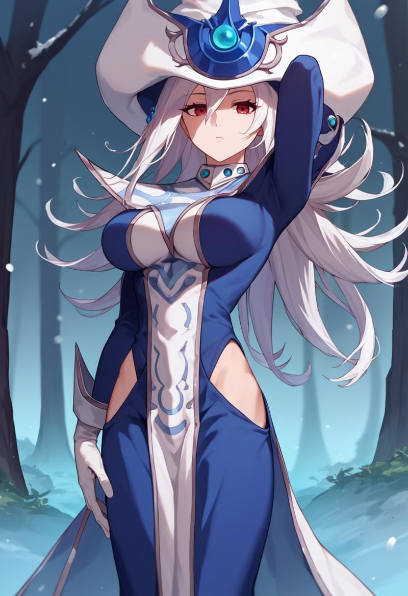 score_9, score_8_up, score_7_up, source_anime, solo, 1girl, silentmagician, expressionless, looking at viewer, standing, arm behind head, white hair, wizard hat, red eyes, blue dress, hip vent, long sleeves, white gloves, pelvic curtain, large breasts, snowing, outdoors, forest <lora:yugioh_silentmagician_ponyXL:1>