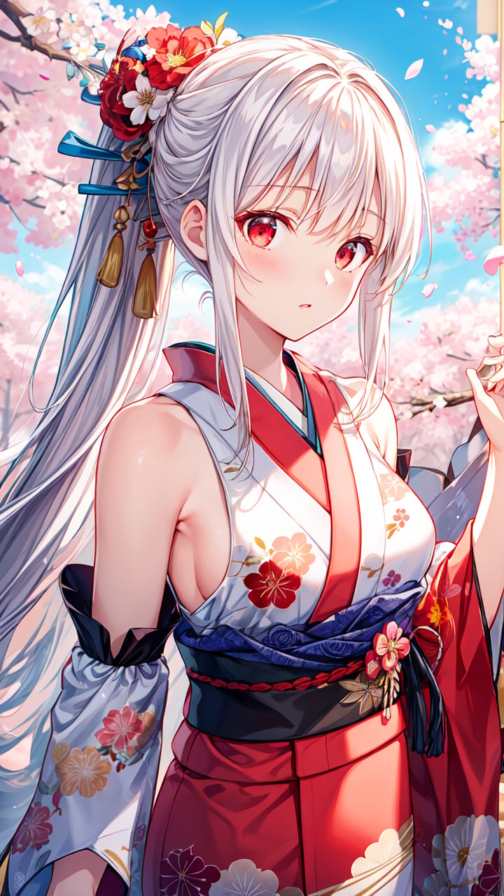 masterpiece,best quality,highres,illustration,hyper detailed,8k cg wallpaper,ray tracing,((white hair:1.2)),((long hair:1.2)),red eyes,((straight hair:1.2)),medium breasts,<lora:增加細節>,(hiten1:0.8),ponytail,((kimono:1.2)),((detached sleeves:1.2)),((floral print:1.1)),petals,cherry blossoms,