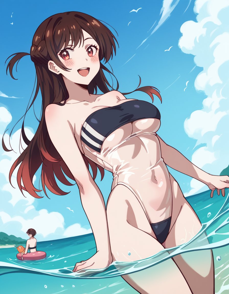 score_9, score_8_up, score_7_up, source_anime, chizuruichinose, <lora:chizuru-ichinose-s1-ponyxl-lora-nochekaiser:1>, chizuru ichinose,, <lora:gris-swimsuit-ponyxl-lora-nochekaiser:1>, gris swimsuit, see-through one-piece swimsuit, strapless one-piece swimsuit, double verticle stripe, highleg swimsuit, covered navel, see-through, strapless, underboob,, outdoors, beach, submerged, water, blush, smile, open mouth,, cowboy shot, dutch angle,