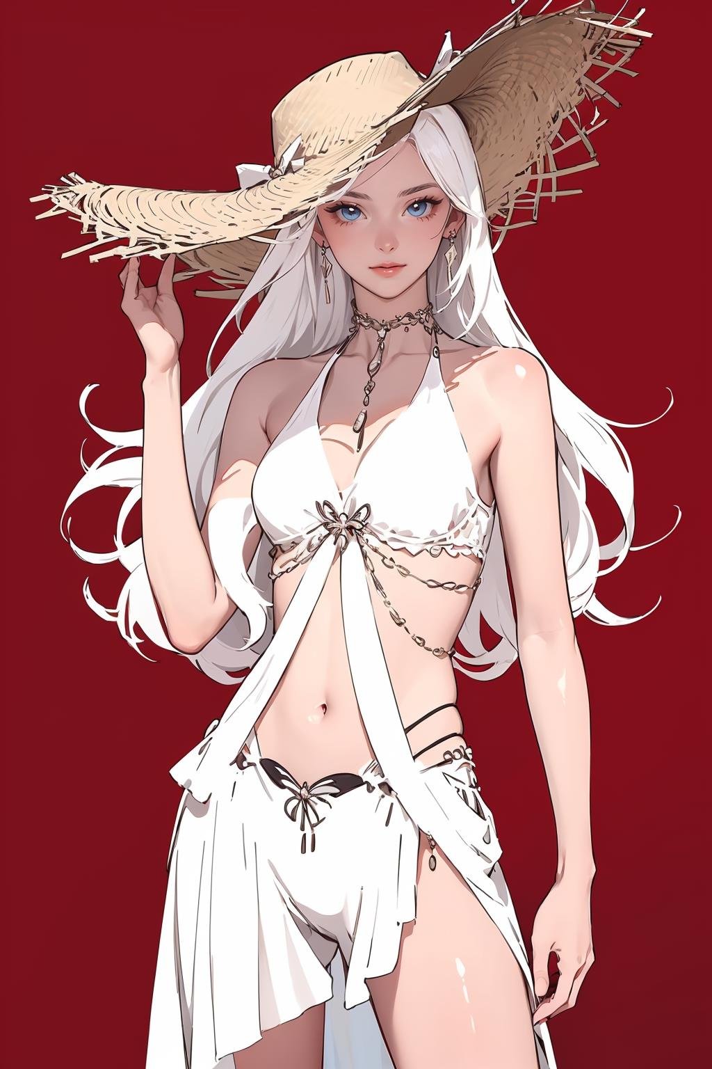 (masterpiece, best quality,masterpiece,illustration,),red background,very long hair,white hair,solo,cowboy shot,standing,<lora:whiteswimsuit:0.8>,whiteswimsuit,sun hat,