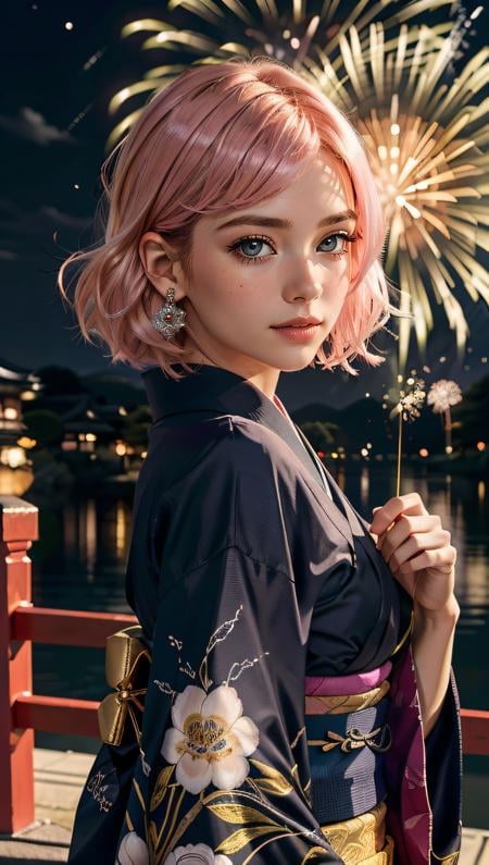 (best quality, masterpiece, colorful, dynamic angle, highest detailed) Realistic photo, fashion photography of a cute European girl with iridiscent pink hair, flirting with POV, in traditional japanese gold&black kimono, ultra detailed kimono textures, perfect night, kyoto, fireworks, (intricate details, hyperdetailed:1.15), detailed, moonlight passing through hair, (official art, extreme detailed, highest detailed), HDR+