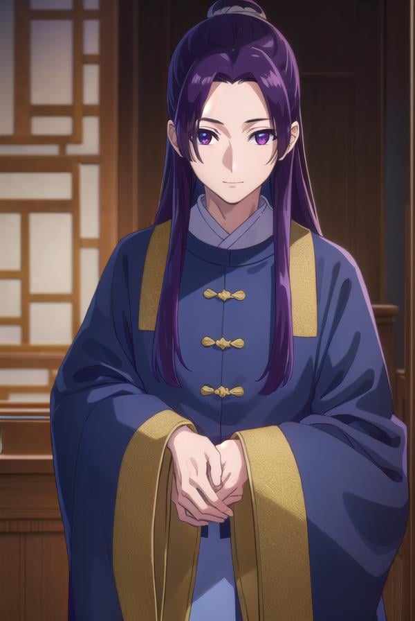 jinshi, <lora:jinshi s1-lora-nochekaiser:1>,jinshi, long hair, (purple eyes:1.1), purple hair, male focus, hair bun, (parted bangs:1.5), smile,BREAK long sleeves, wide sleeves, chinese clothes, robe, hanfu,BREAK indoors,BREAK looking at viewer, (cowboy shot:1.5),BREAK <lyco:GoodHands-beta2:1>, (masterpiece:1.2), best quality, high resolution, unity 8k wallpaper, (illustration:0.8), (beautiful detailed eyes:1.6), extremely detailed face, perfect lighting, extremely detailed CG, (perfect hands, perfect anatomy),