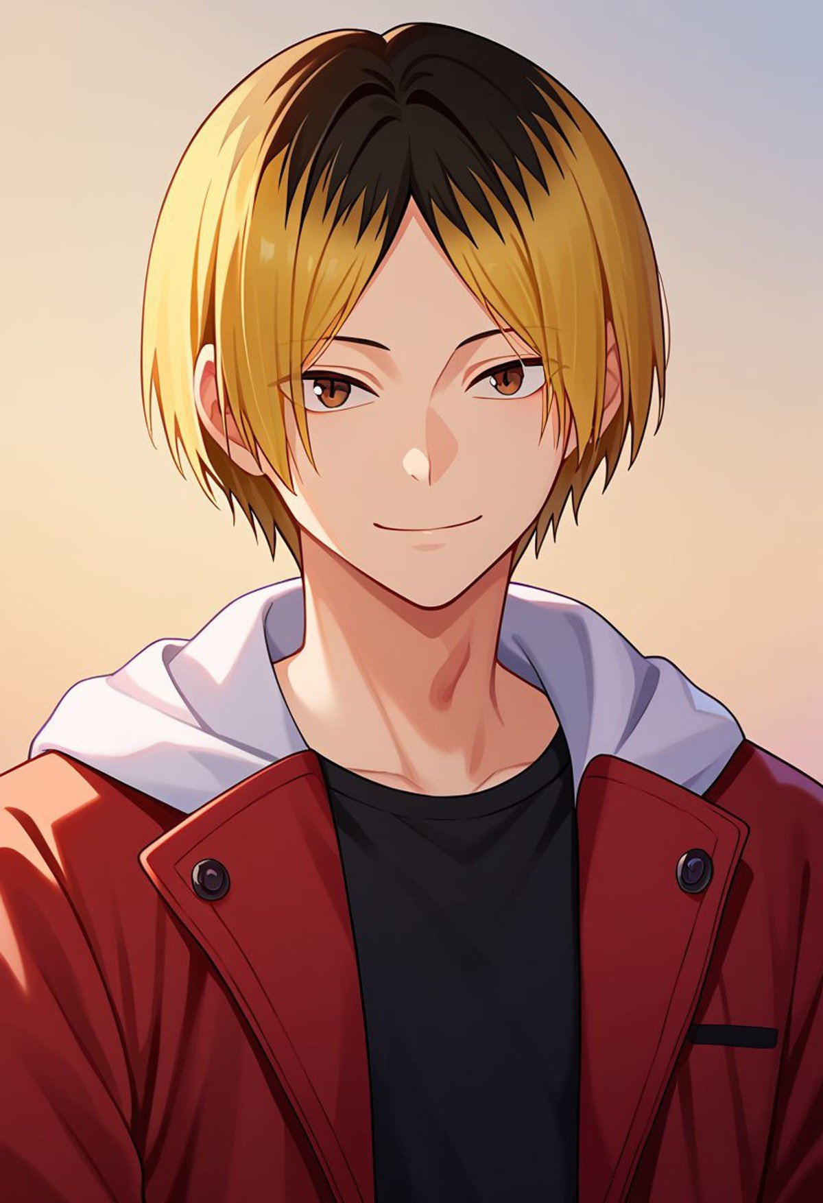 score_9, score_8_up, score_7_up, source_anime, highly detailed, kenma, 1boy, male focus, blonde hair, solo, multicolored hair, two-tone hair, jacket,hood, looking at viewer, black shirt, shirt, black hair, brown eyes, smile, upper body, hoodie, red jacket, bang,outdoor, sunset, upper body,