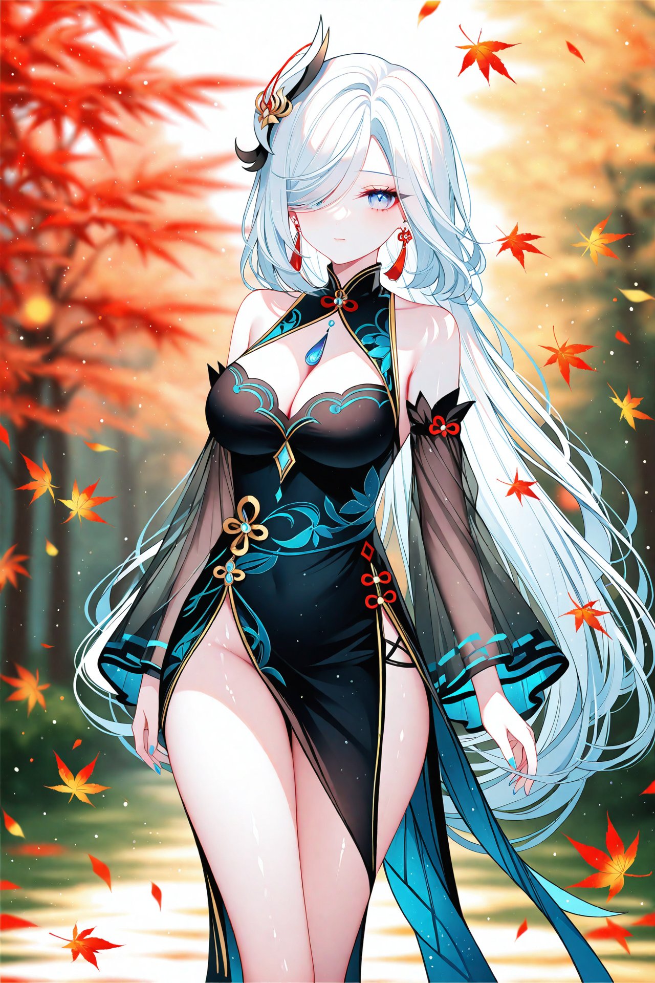 masterpiece,best quality,illustration,ultra detailed,hdr,Depth of field,(colorful),[Artist chen bin],Artist Sheya,1girl,shenhe (genshin impact),breasts,solo,dress,long hair,black dress,blue eyes,hair ornament,detached sleeves,large breasts,looking at viewer,bare shoulders,hair over one eye,white hair,thighs,long sleeves,very long hair,cleavage,jewelry,earrings,leaf,feet out of frame,official alternate costume,blurry,sleeveless,standing,closed mouth,chinese clothes,sleeveless dress,maple leaf,blue nails,see-through,blurry background,nail polish,