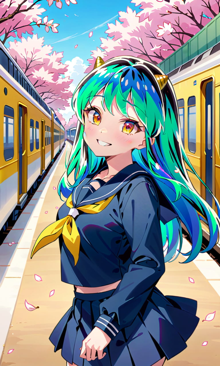 ((masterpiece, highres, high quality, very aestethic, intricate details)), anime style, 1girl, lumxl, lum, long hair, green hair, aqua hair, multicolored hair, cone horns, serafuku, school uniform, blue shirt, long sleeves, yellow neckerchief, sailor collar, smile, :D, light blush, looking_at_viewer, cowboy_shot, cherry_blossom, tree, outdoors, road, train, falling_petals, portrait<lora:EMS-343458-EMS:1.300000>