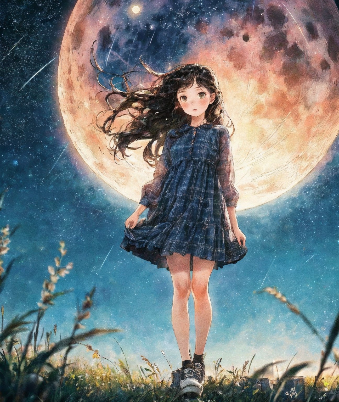 masterpiece,best quality,realistic,highres,Highly detailed,blurry background,<lora:add_more_details:0.5>,1girl,sky,star \(sky\),night,outdoors,night sky,starry sky,moon,grass,long hair,standing,solo,black hair,full moon,plaid,dress,wideshot,shoes,