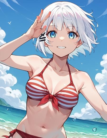 score_9, score_8_up, score_7_up, source_anime,siesta, <lora:siesta-ponyxl-lora-nochekaiser:1>,siesta, short hair, bangs, blue eyes, hair ornament, white hair, hairclip, smile,bikini, striped bikini, red bikini, navel, collarbone,outdoors, beach,looking at viewer, cowboy shot, dynamic pose,