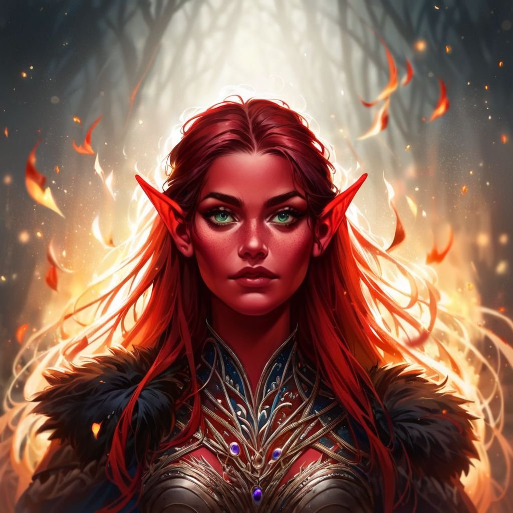 score_9, score_8_up, score_7_up, 8k, portrait, vintage illustration, fierce female (fire genasi) rogue :1.4), long wild, flaming, red hair, vibrant green eyes, long pointy ears, subtle freckles, prominent cheekbones:1.3, dynamic pose:1.4, wearing rugged hide armor, fur cloak around shoulders, surrounded by a glowing embers in foreground, bokeh:1.4, in an fall forest with falling maple leaves:1.4, beautifully backlit, depth of field:1.5, indirect lighting:1.3, high contrast shadows, dramatic shadows: sharp shadows across face, cinematic lighting:, ((fire genasi), red skin)