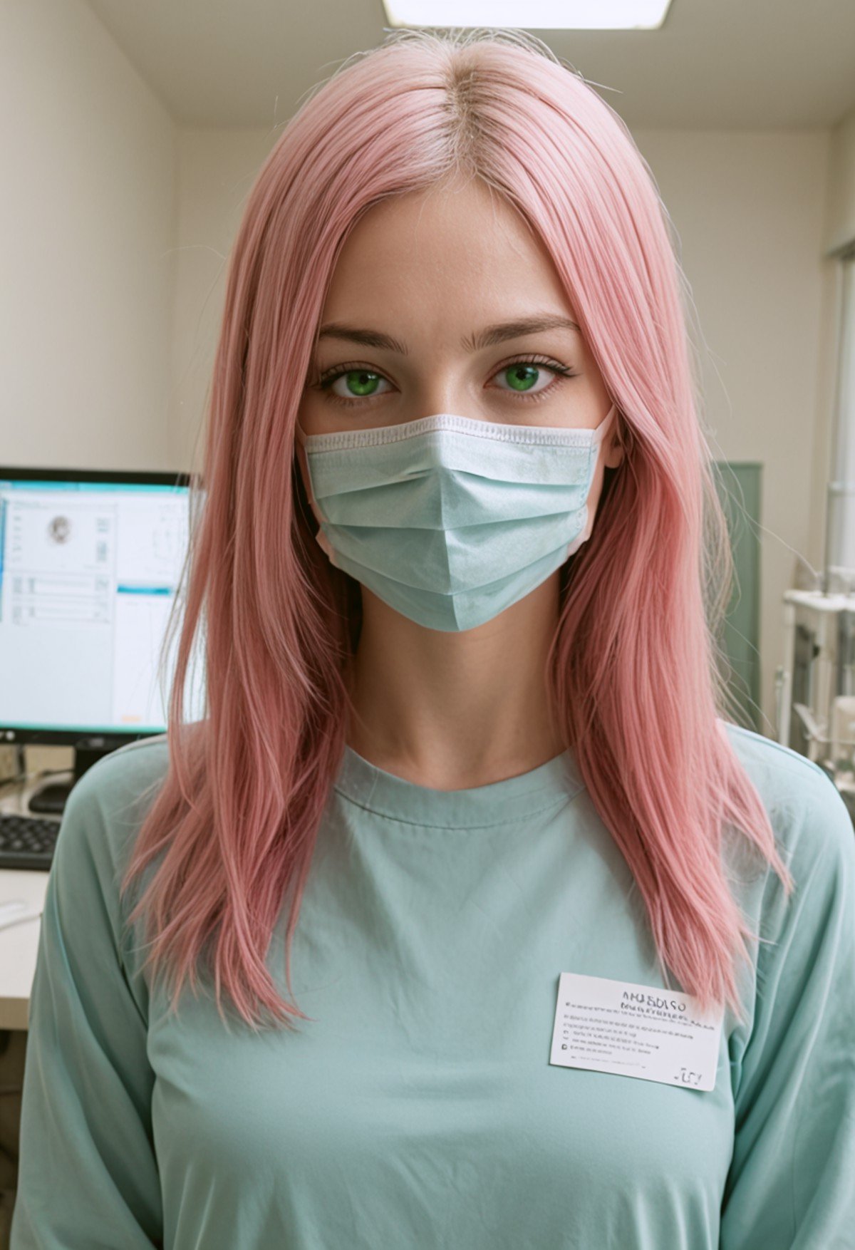 score_9, score_8_up, score_7_up, score_6_up, BREAK , source_real, raw, photo, realistic BREAK solo, looking at viewer, long sleeves, 1girl,  in the hospital, holding, green eyes, upper body, pink hair,  green hair, indoors, mask, mouth mask, computer, monitor, surgical mask, intravenous drip