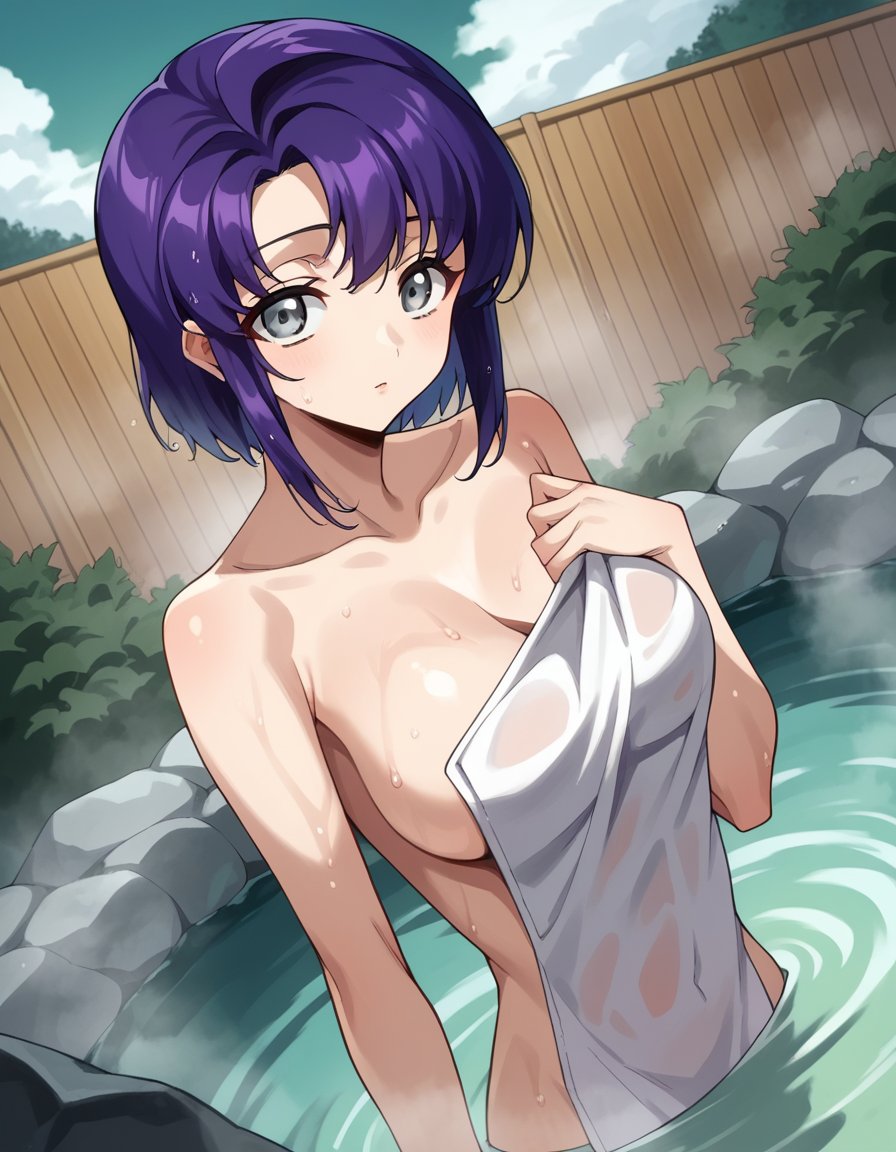 score_9, score_8_up, score_7_up, source_anime,cecilecroomy, <lora:cecile-croomy-s1-ponyxl-lora-nochekaiser:1>,cecile croomy, short hair, grey eyes, purple hair,nude, naked, outdoors, onsen, towel, naked towel, steam, bathing, nude cover, partially submerged, water, bath, steam censor, wet towel,looking at viewer, dutch angle, cowboy shot, solo,