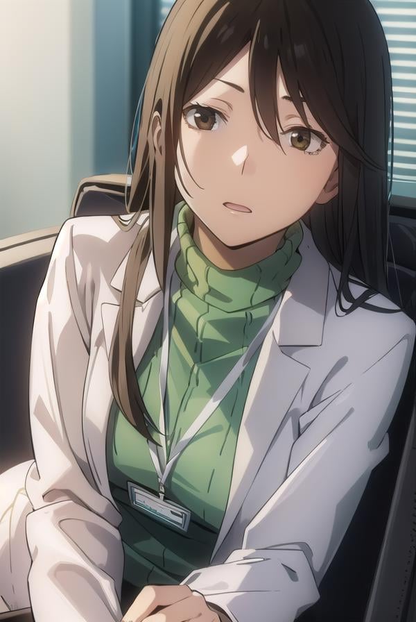 namieyagiri, <lora:namie yagiri s1-lora-nochekaiser:1>,namie yagiri, long hair, black hair, (brown eyes:1.3),BREAK sweater, turtleneck, labcoat, green sweater,BREAK indoors, office,BREAK looking at viewer, (cowboy shot:1.5),BREAK <lyco:GoodHands-beta2:1>, (masterpiece:1.2), best quality, high resolution, unity 8k wallpaper, (illustration:0.8), (beautiful detailed eyes:1.6), extremely detailed face, perfect lighting, extremely detailed CG, (perfect hands, perfect anatomy),