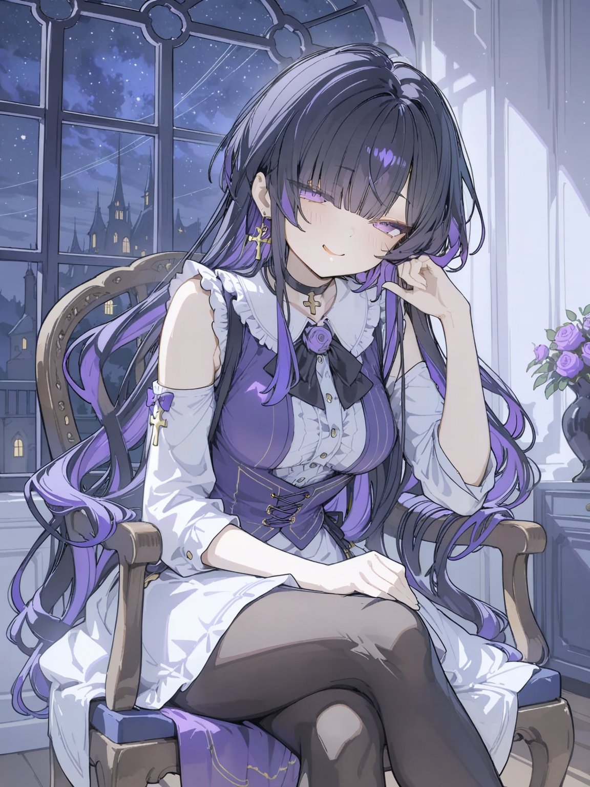 white background,(cropped torso),sketch,1girl,solo,Long hair,black hair,purple gradient hair,purple eyes,blunt bangs,hair over one eye,glowing eyes,medium breasts,large breasts,long sleeves,frilled shirt,waistcoat,dress,choker,cross_earrings,detached_sleeve,black pantyhose,sitting,crossed legs,(half-closed eyes),looking at viewer,smug,mouth open,****,hand raised,chair,French window,purple rose,night,starry sky,masterpiece,bestquality,onnk,line art,line style,