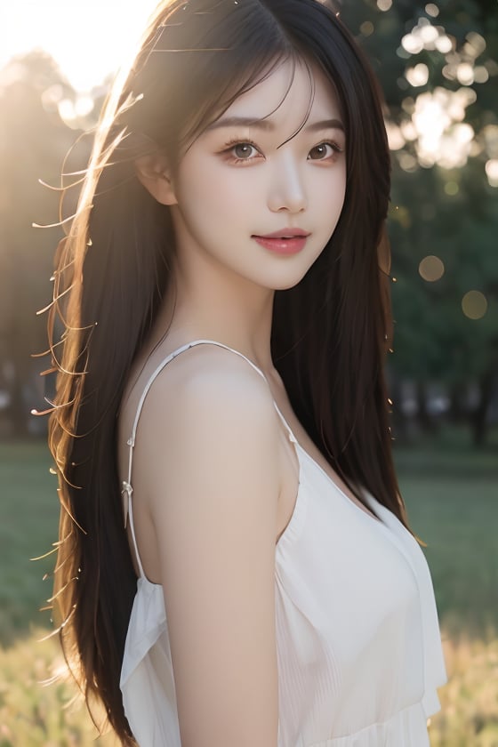 Best quality,masterpiece,ultra high res,photorealistic,raw photo,unity 8k wallpaper,panorama,cinematic lighting,on grass,dappled sunlight,golden hour lighting,blurry background,(lens flare),wind,pastel colors,soft light,1girl,(upper body:1.2),black hair,straight_hair,(long hair:1.1),<lora:lianmo3:0.8>,front view,standing,huge filesize,(cowboy_shot:1.1),(smile:0.9),