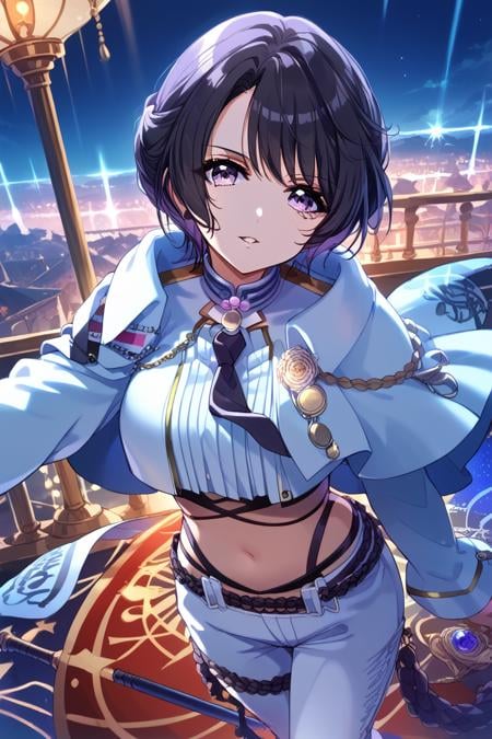 score_9, score_8_up, score_7_up, score_6_up, 1girl, <lora:Himegami_Shano:0.9> himegami, purple eyes, short hair, aiguillette, looking at viewer, solo, navel, necktie, parted lips, midriff, long sleeves, medal, pants, black hair, stage outfit, color lights, club stage,