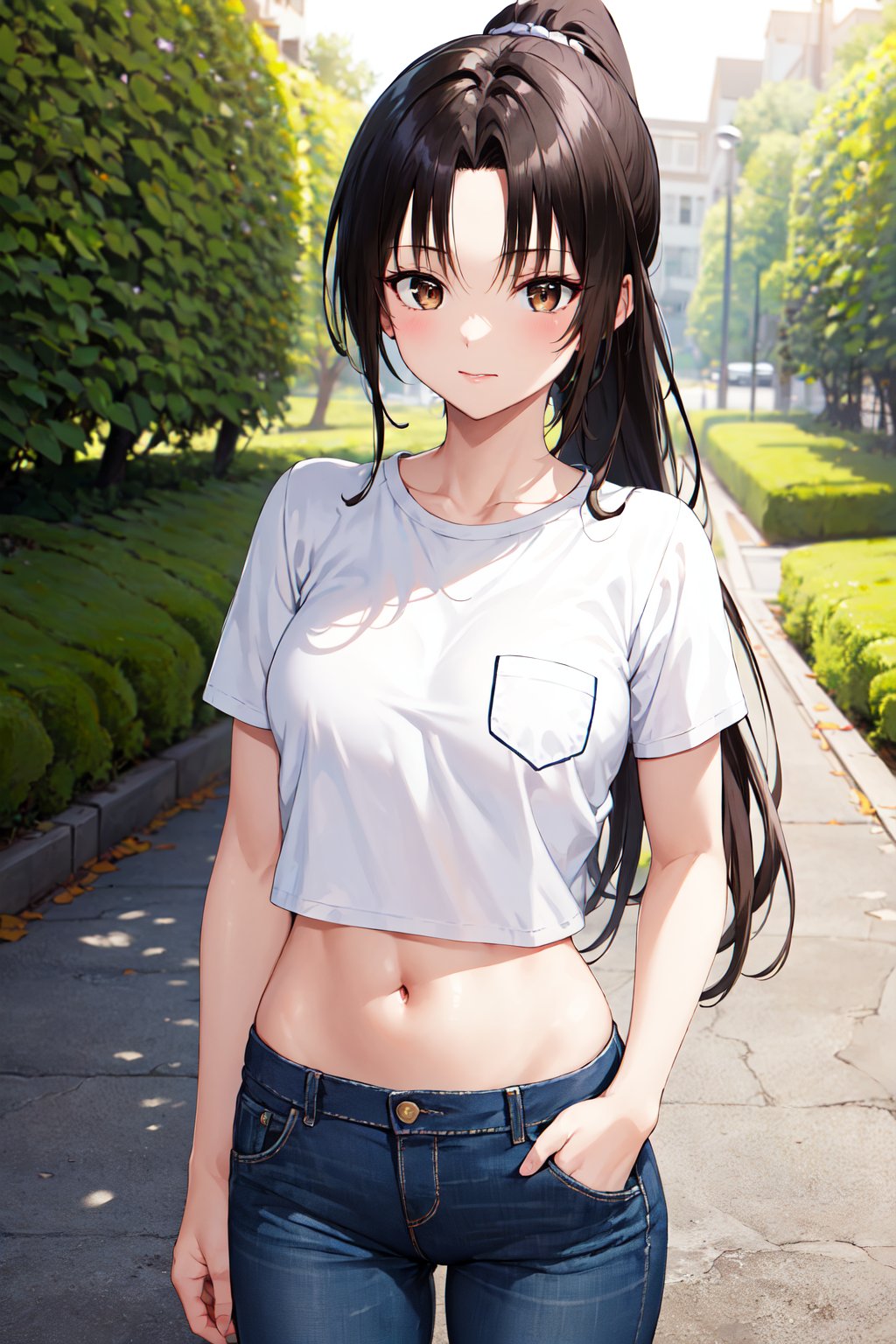 masterpiece, best quality, highres, 1girl, solo, long hair, black hair, ponytail, parted bangs, brown eyes, <lora:kujou_rin_v1:0.7>, crop top, t-shirt, white shirt, navel, jean, hand in pocket, street, cowboy shot, 