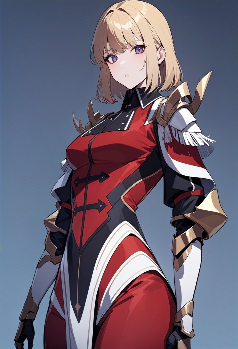 solo, 1girl, cha hae-in, expressionless, looking at viewer, blonde hair, purple eyes, red armor, black collar, shoulder armor, long sleeves, gauntlets, white pelvic curtain, red leggings, masterpiece, best quality, rating: general, newest <lora:sololeveling_chaehae-in_xl-05:1>