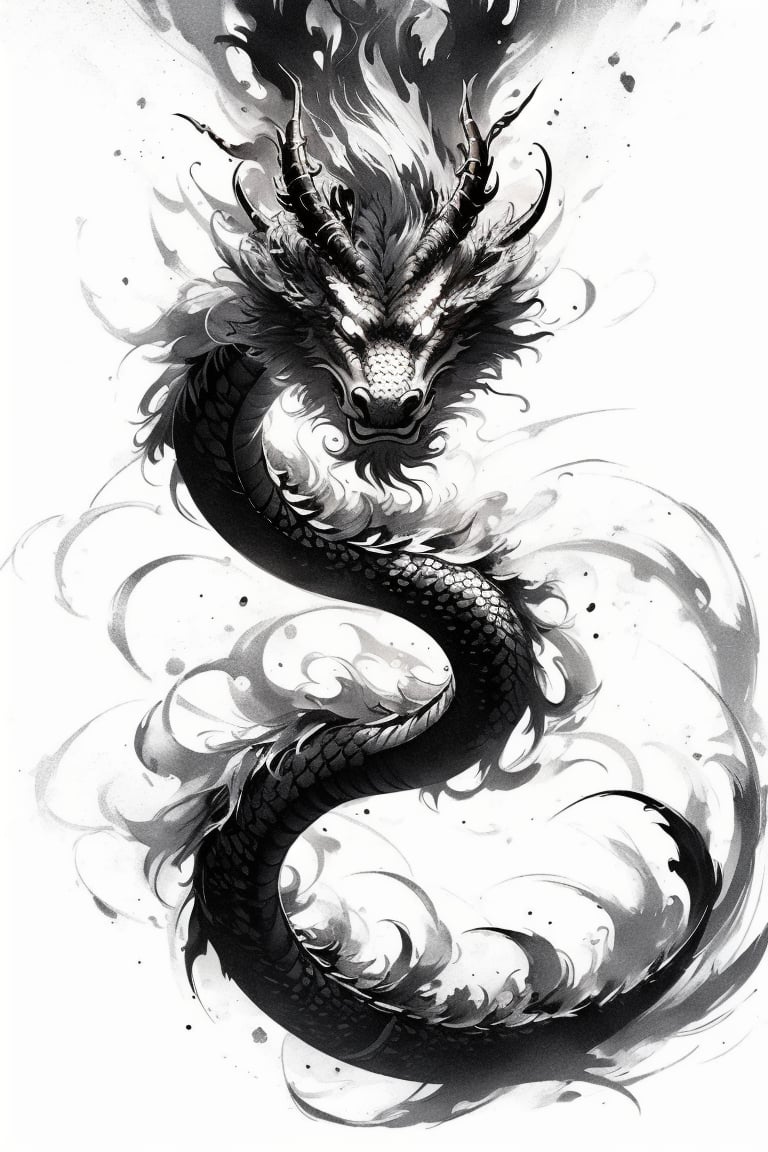 ((HRD, HUD, 8K)),((masterpiece, best quality)), highly detailed, soft light,InkAndWash, eastern dragon, dragon, monochrome, no humans, greyscale, horns, simple background, solo, white background, <lora:20240415-1713175931242:0.8>