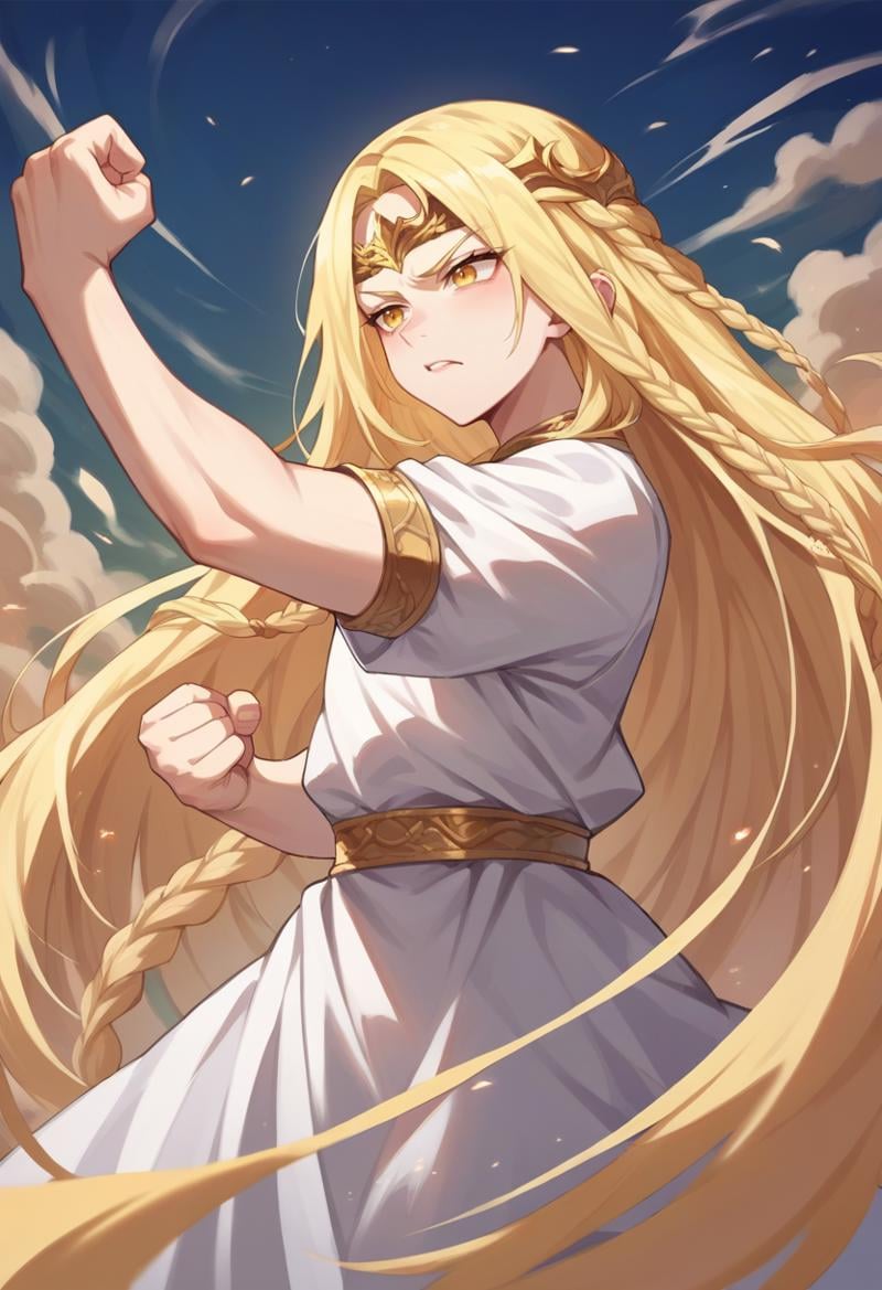 score_9, score_8_up, score_7_up, source_anime, <lora:wrenchEldenRingSoteMiquella:1>, ersotemiquella, blonde hair, 1boy, braid, long hair, yellow eyes, white robe, circlet, fighting pose, 