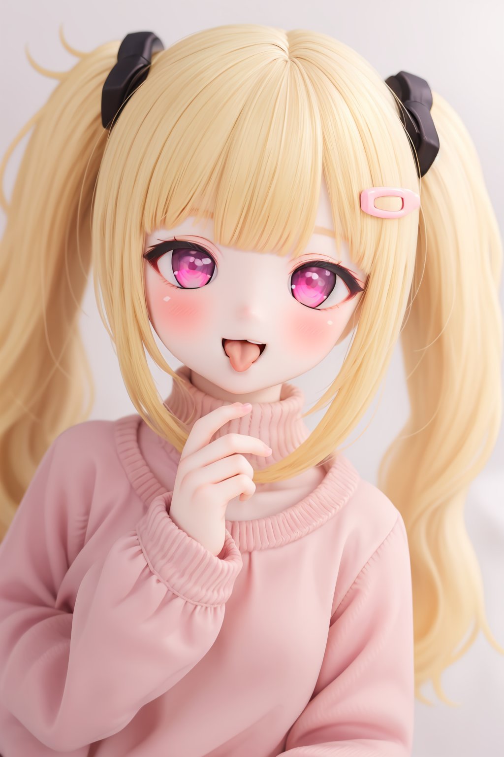 1girl,hair ornament,open mouth,twintails,smile,blush,hairclip,virtual youtuber,blonde hair,bangs,long hair,sweater,solo,pink eyes,glasses,looking at viewer,long sleeves,pink sweater,yellow-framed eyewear,tongue,blunt bangs,doll,BJD,