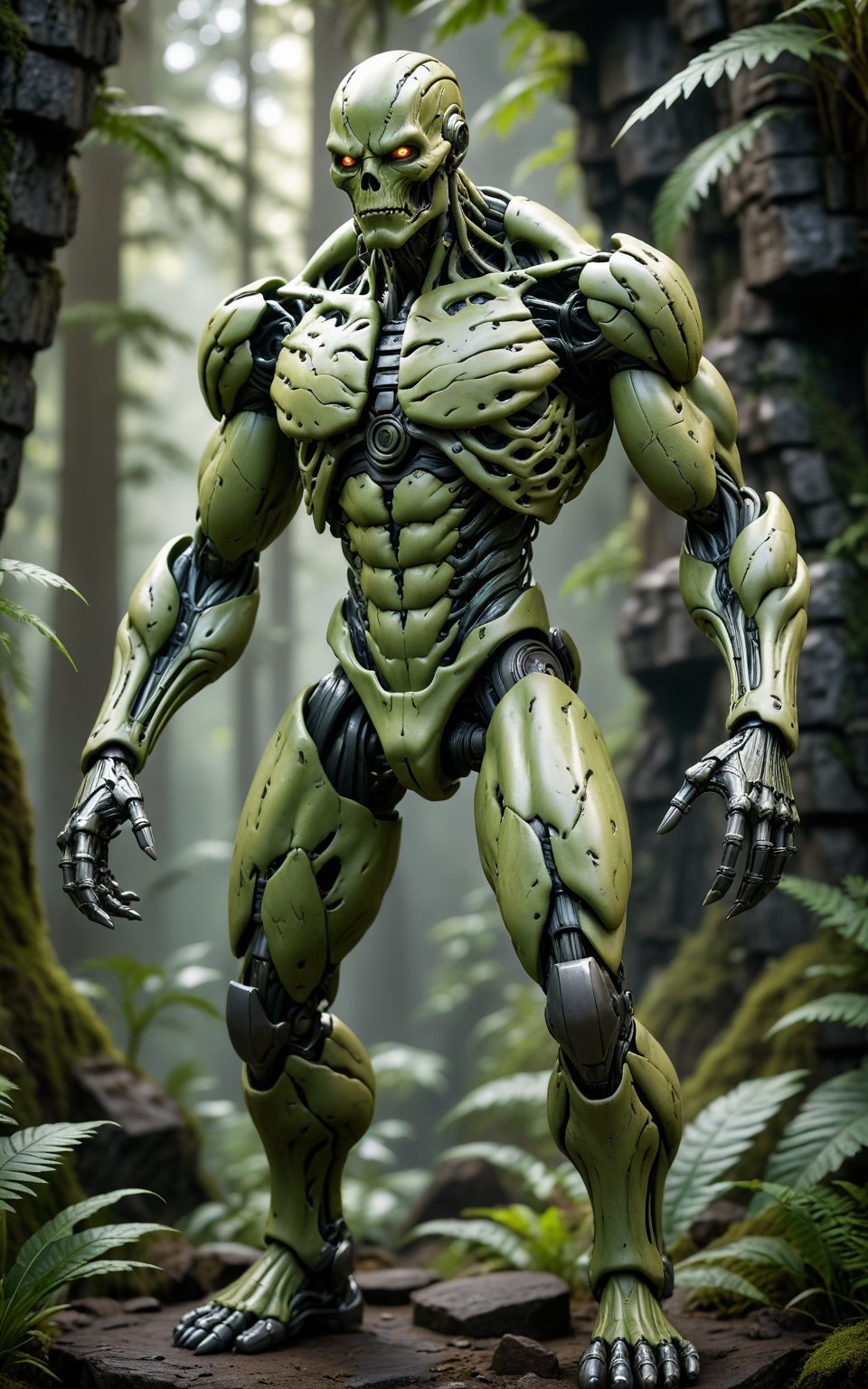 (best quality, 4K, 8K, high-resolution, masterpiece), ultra-detailed, realistic, photorealistic, cybernetic green humanoid creature, muscular build, robotic enhancements, overgrown with plants, biomechanical design, rugged texture, intense expression, standing on a rocky platform, lush green background, post-apocalyptic setting, detailed machinery, high detail, high resolution, 1creature, cybernetic, muscular, green, biomechanical, overgrown.