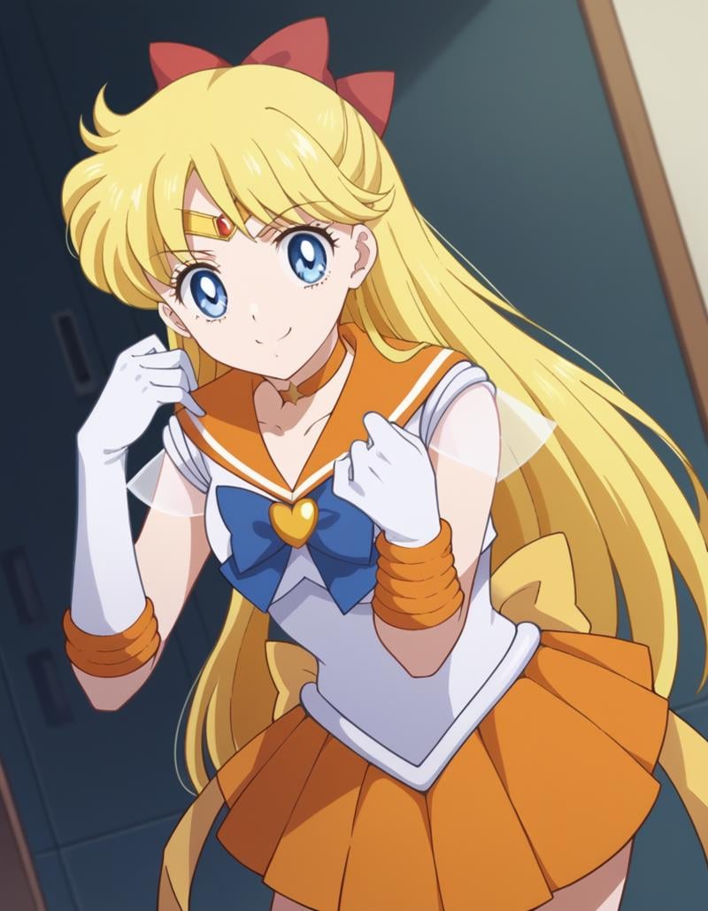 score_9, score_8_up, score_7_up, source_anime, <lora:minako-aino-eternal-movie1-ponyxl-lora-nochekaiser:1>, minako aino, blonde hair, blue eyes, bow, hair bow, half updo, long hair, red bow, tiara,, back bow, choker, elbow gloves, gloves, jewelry, magical girl, orange choker, orange sailor collar, orange skirt, sailor collar, sailor senshi uniform, school uniform, serafuku, skirt, white gloves,, indoors, bent over, smile, looking at viewer, solo,, cowboy shot, dutch angle