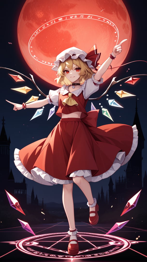 score_9, score_8_up, score_7_up, score_6, score_5, score_4, masterpiece, best quality,by missile228, by himanemuitoma, 1girl, flandre scarlet, touhou, red dress, frills, collar, mob cap, blonde hair, askot,  midriff, red eyes, crystal wings, pointing up, full body, posing, standing on one leg, magic circle, geometry patterns,gothic castle far away, night, red moon, large lake, crystal shards