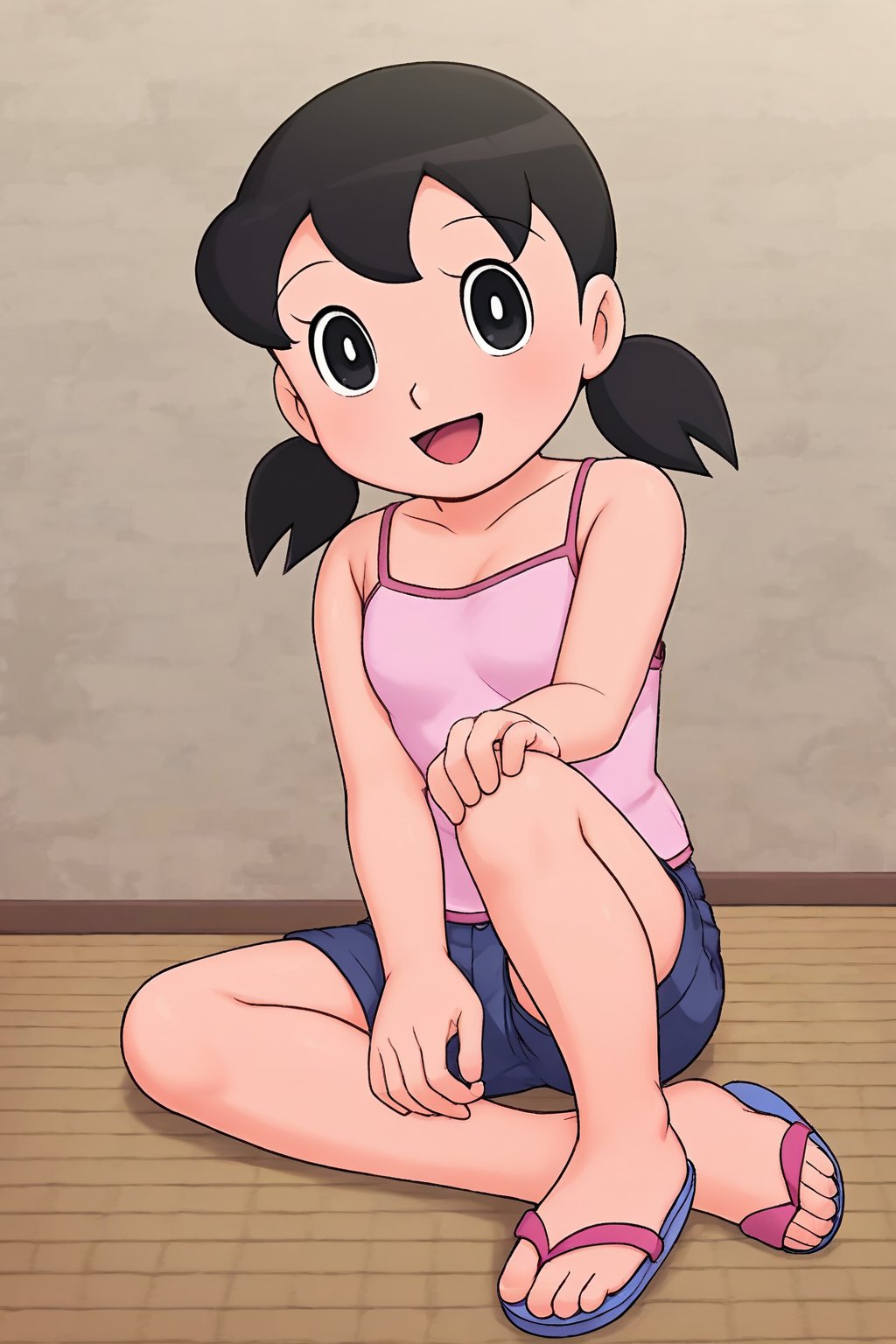 (1girl, solo, minamoto shizuka, 10yo, black hair,black eyes, twintails,pink tank top, navy blue shorts, sandals, sitting, looking at viewer,happy),score_9,SFW <lora:minamoto shizuka nova 906:0.8>