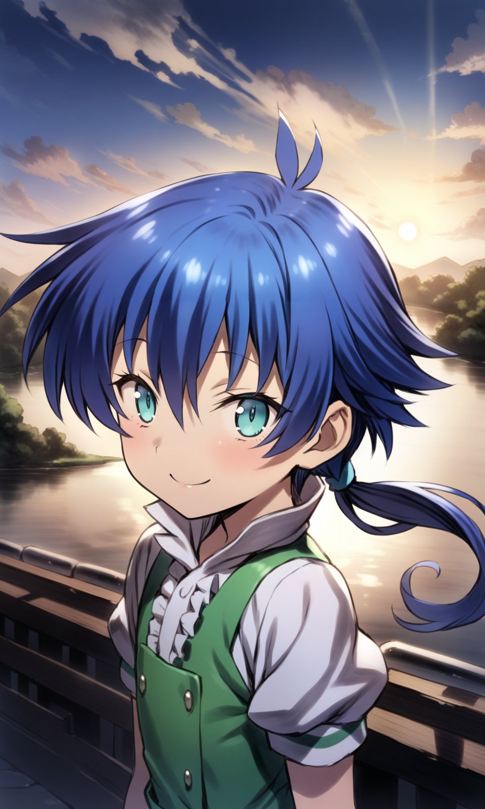 solo, 1boy, lloyd, aqua eyes, blue hair, short hair, low ponytail, shiny hair, shiny skin, green vest, white shirt, puffy short sleeves, green short shorts, looking at viewer, smile, upper body, outdoors, river, sun, cloud, condensation tral, masterpiece, best quality, very aesthetic, absurdres, by mogudan, <lora:LloydDeSaloum_XL:1> 