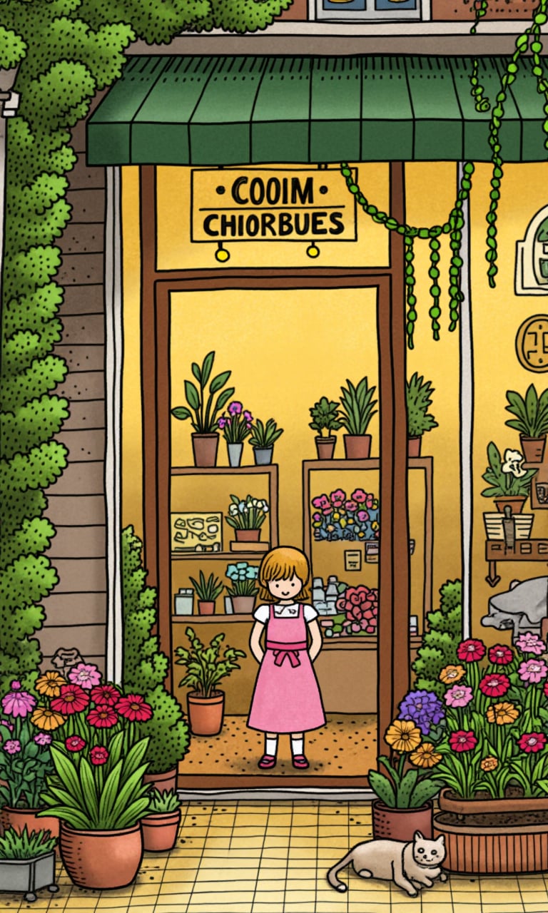 A cute little girl, playing with the catexQuisite modern flower shop of the city, Simplicity, sharpie illustration, bold lines, doodle in the style of Keith Haring, thedoor of the flower shop is surrounded by plantsand flower vines, dappled sunlight down, greerplants, flowers of all colors, anime aestheticchildlike innocence and charm, Cartoonishillustration, petcor