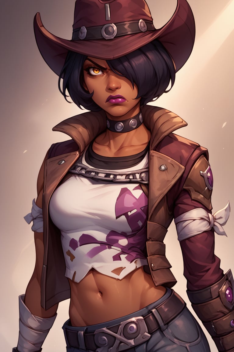 score_9, score_8_up, score_7_up, BREAK , 1girl, solo, looking at viewer, breasts, breasts, <lora:nishabl2-guy-v1PONYXL:.95>, nishabl2, cowboy hat, lipstick, hair over one eye, choker, makeup, dark skin, jacket, pants, midriff, belt, bandages, upper body, angry, 