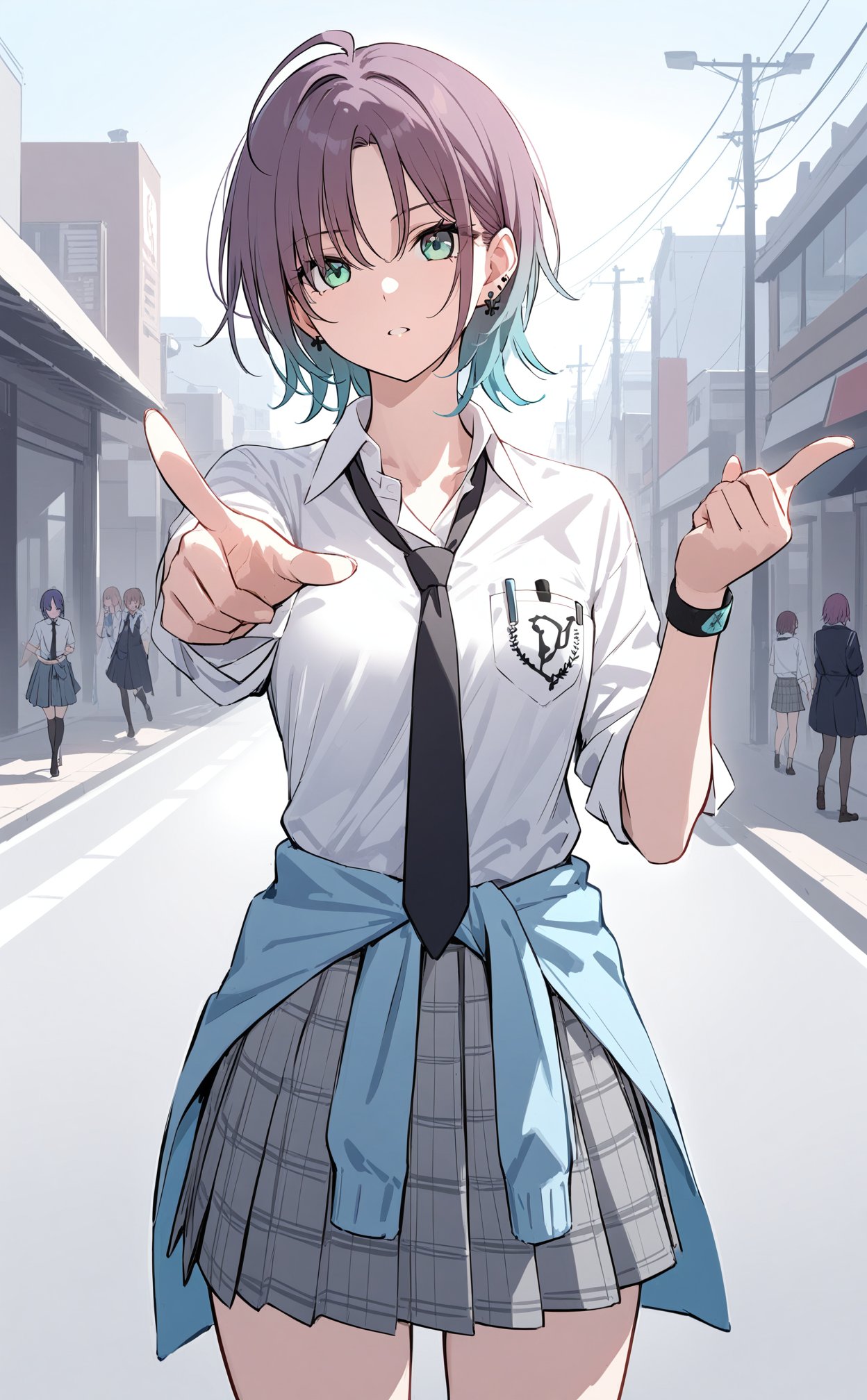 1girl, solo, asakura toru, looking at viewer, short hair, blue hair, brown hair, ahoge, multicolored hair, gradient hair, green eyes, school uniform, white shirt, gray skirt, pleated skirt, plaid skirt, wristband, earrings, black necktie, pocket, breast pocket, clothes around waist, sleeves rolled up, light blue jacket around waist, standing, pointing at viewer, outdoors, street, day, cowboy shot, masterpiece, bestquality, ultra detailed