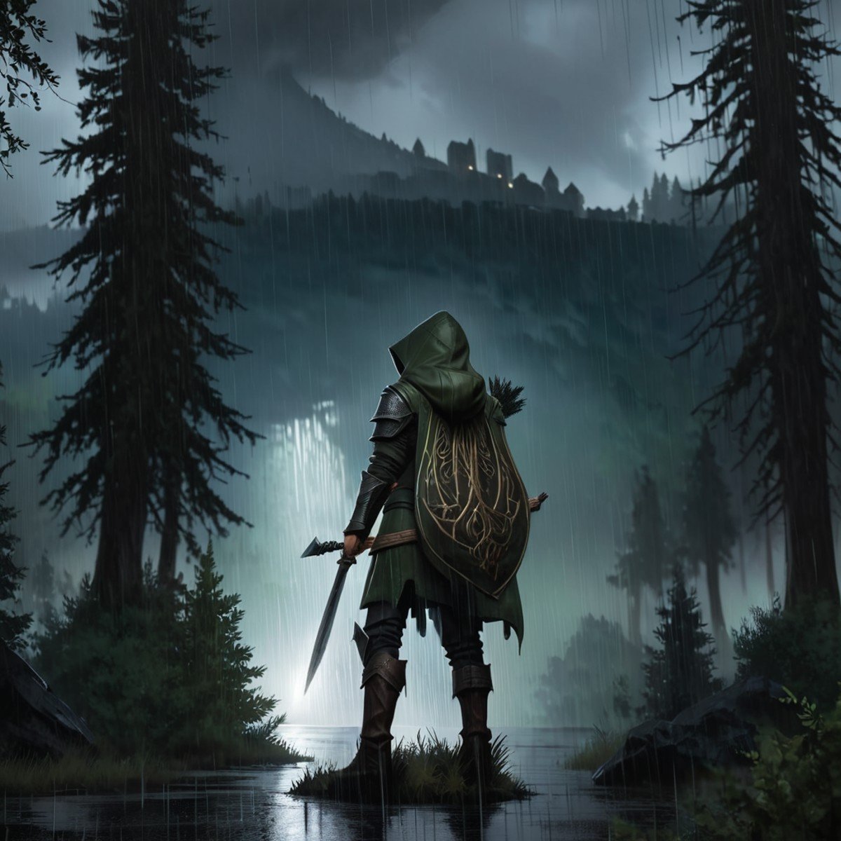 Masterpiece,absurd resolution,8k,high resolution, <lora:SkyrimLandscapes:0.8>,skyrimlandscapes, tree, outdoors, rain, scenery, forest, nature, cloud, sky, cloudy sky, from behind, 1other, holding, hood, standing, ambiguous gender, 1boy, staff, weapon