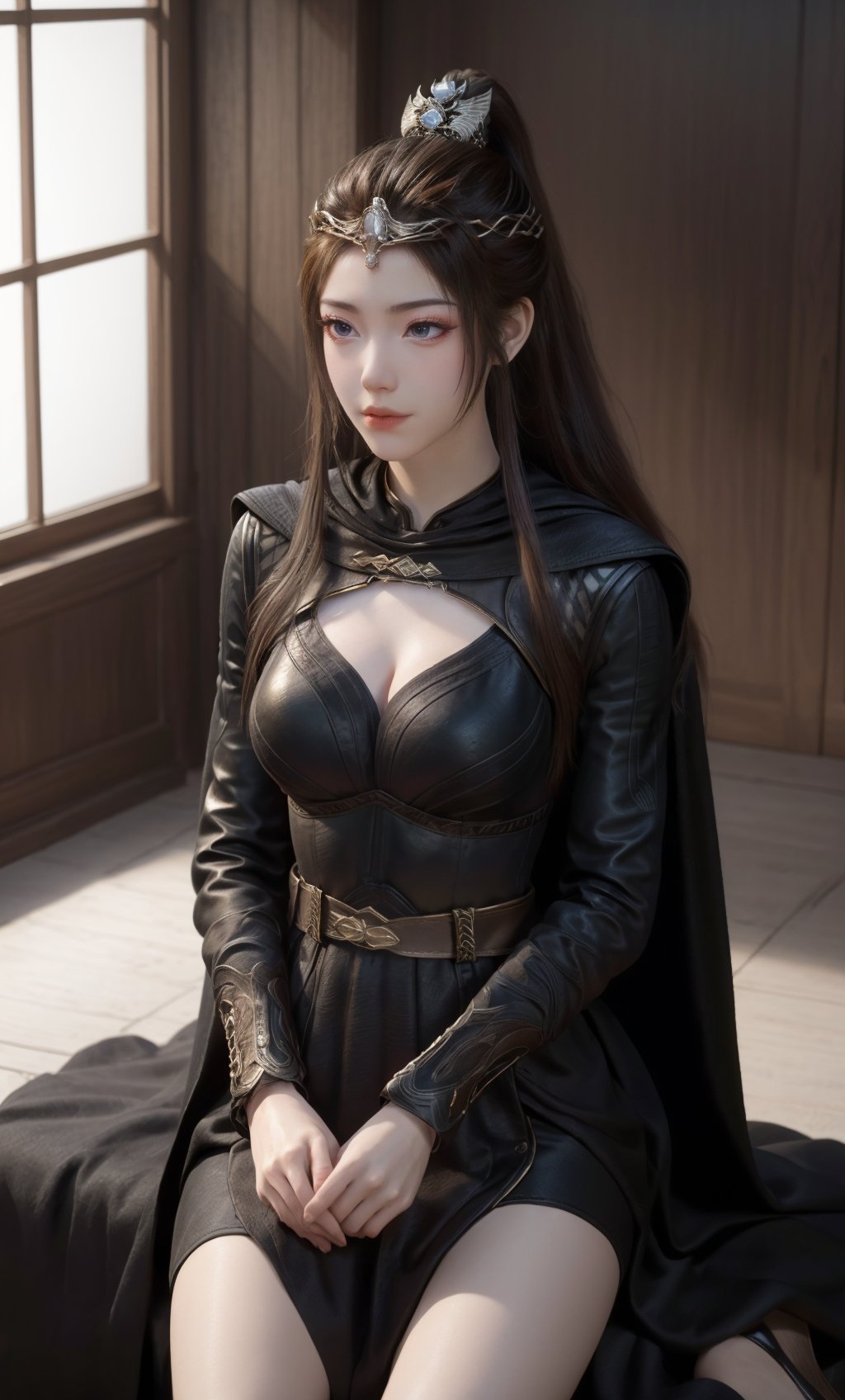 ,,masterpiece,(best quality),official art,extremely detailed cg 8k wallpaper,(extremely delicate and beautiful),solo,realistic,photo_\(medium\),sitting_on_person,full body,stiletto heels,(chinese clothes, black robe, solo, brown hair, cleavage cutout, black dress, breasts, cape,belt, clothing cutout,long sleeves,jewelry),1girl,solo,ponytail,tiara,crown,hair ornament,l,hair bun,hair ornament,hair stick,jewelry,long hair,<lora:yuanyao-10:0.65>,