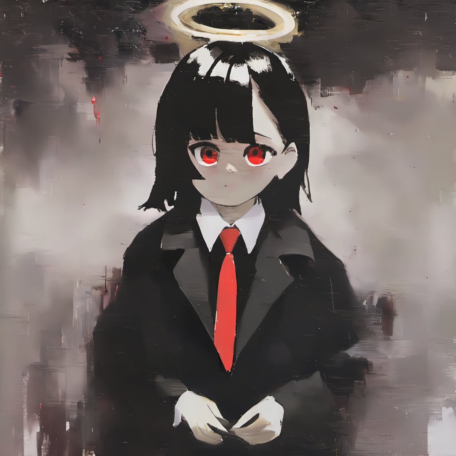 <lora:loneliness_xl_v2:0.8>,a painting of a person with a halo above their head and a red eye on their face,with a black coat and tie,1girl,solo,looking_at_viewer,bangs,shirt,black_hair,red_eyes,long_sleeves,closed_mouth,upper_body,necktie,collared_shirt,medium_hair,black_shirt,halo,white_necktie,