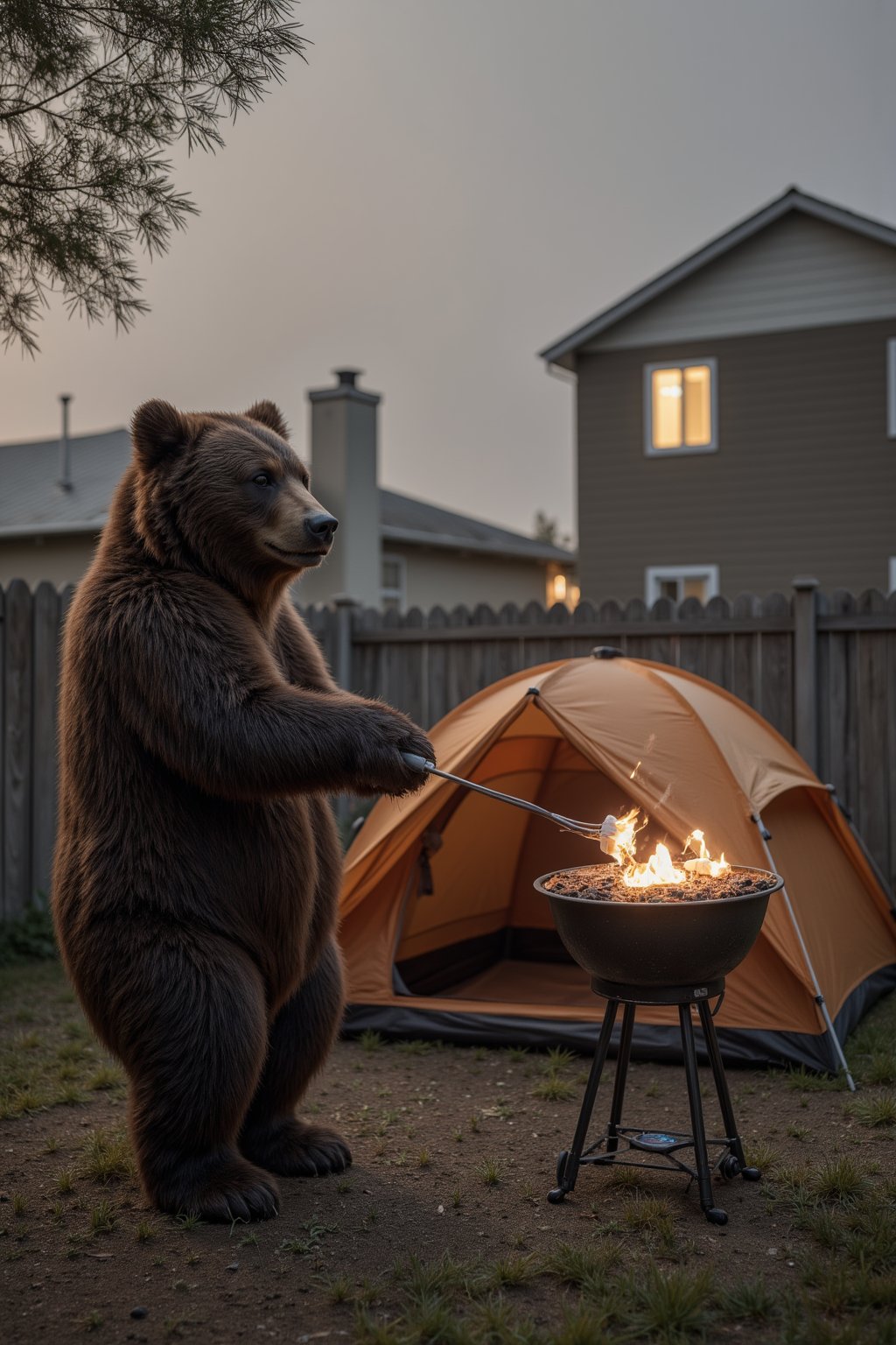 "The Great Outdoors" – A tent pitched in a suburban backyard, with a bear trying to roast marshmallows over a grill, while the neighbors look on in disbelief.detail maximizer, gaming, magic frame, object, 8k real-life.