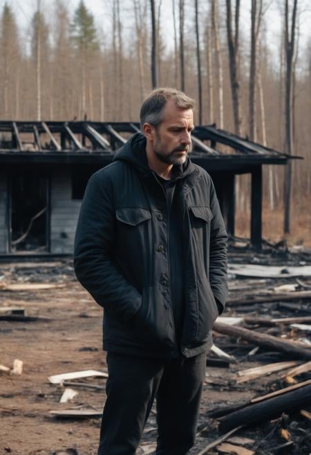 A sad man standing in front of a burnt down home in a forest, stunning details, 8k