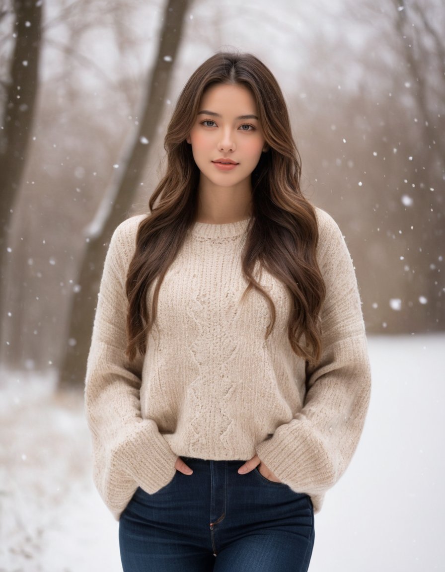 masterpiece, best quality, raw photo, realistic, 1girl,long hair,sweater, snowing background, (sepia photography), (professional photo, balanced photo, balanced exposure)