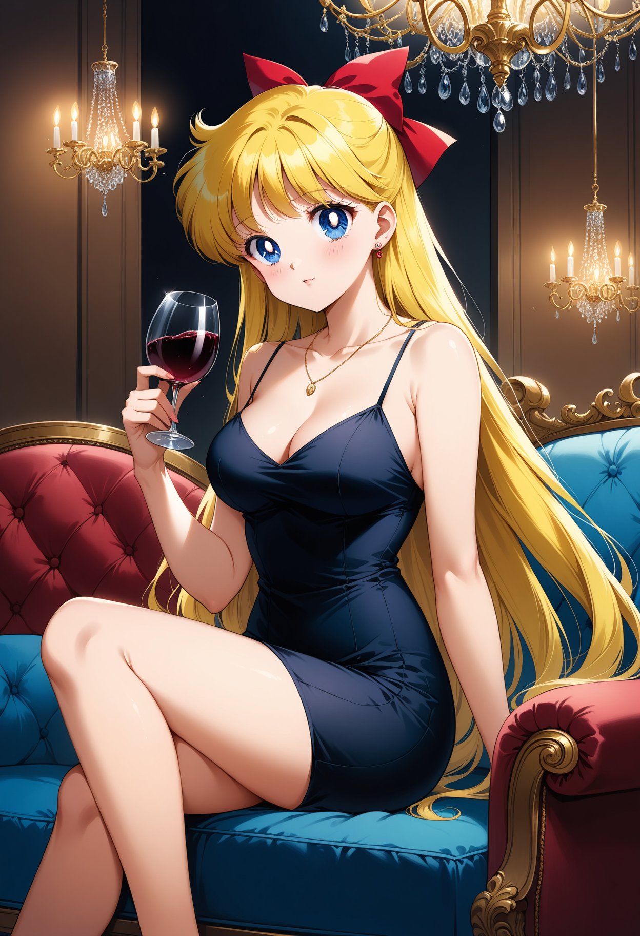 (masterpiece, best quality, very aesthetic, ultra detailed), intricate details, 4k, aavenus, long hair, blonde hair, hair bow, earrings, blue eyes, <lora:sailor_venus_animaginexl_v2:0.9>, taut dress, spaghetti strap, sleeveless, sitting, necklace, indoors, sofa, chandelier, (holding cup:1.2), wine glass