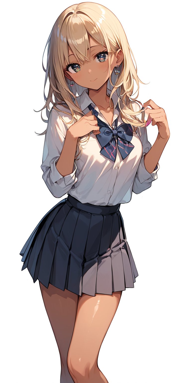 score_9, score_8_up, score_7_up,source_anime, high res image,masterpiece,best quality,girl,cute face,clear skin,shiny hair,ultra detailed eyes,simple background,  <lora:kuro gyaru_pony_V1.0:1> kuro gyaru, dark skin,school uniform